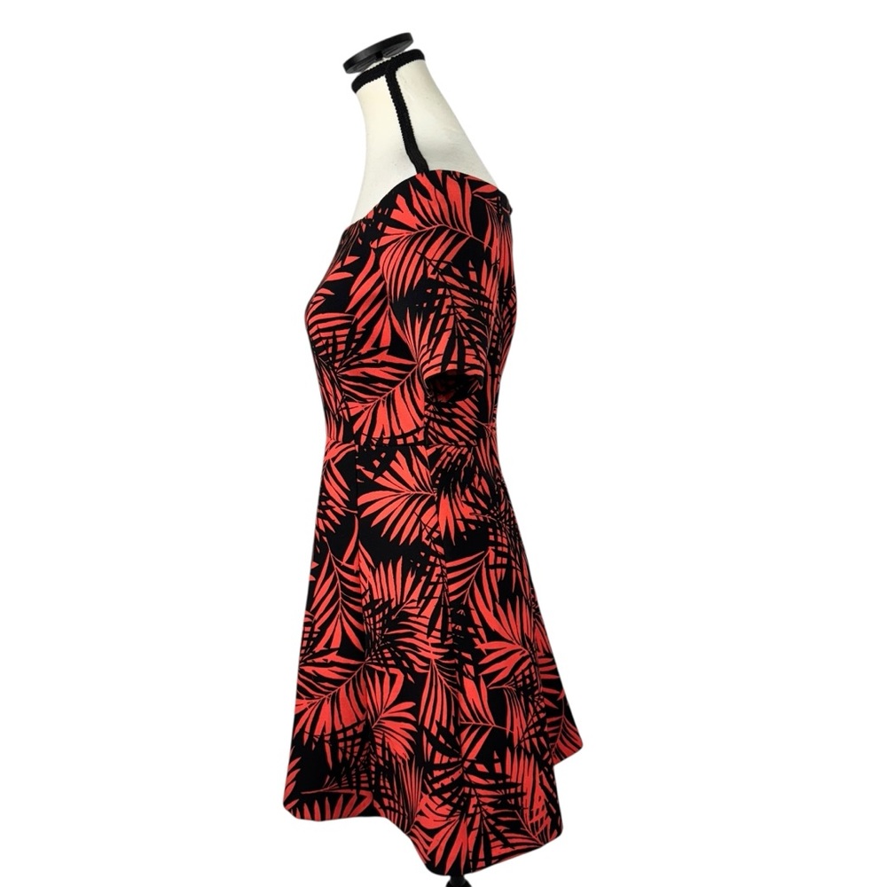 Zara Tropical Palm Print Off Shoulder Fit & Flare Mini Dress Red Black Size S - Picture 4 of 11